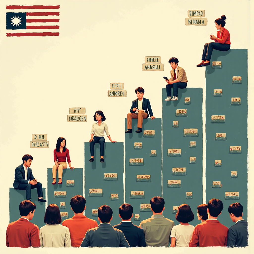 台灣民眾觀察金融成長圖表,受美國旗幟暗示影響,呈現上升與下降趨勢的洞察氛圍