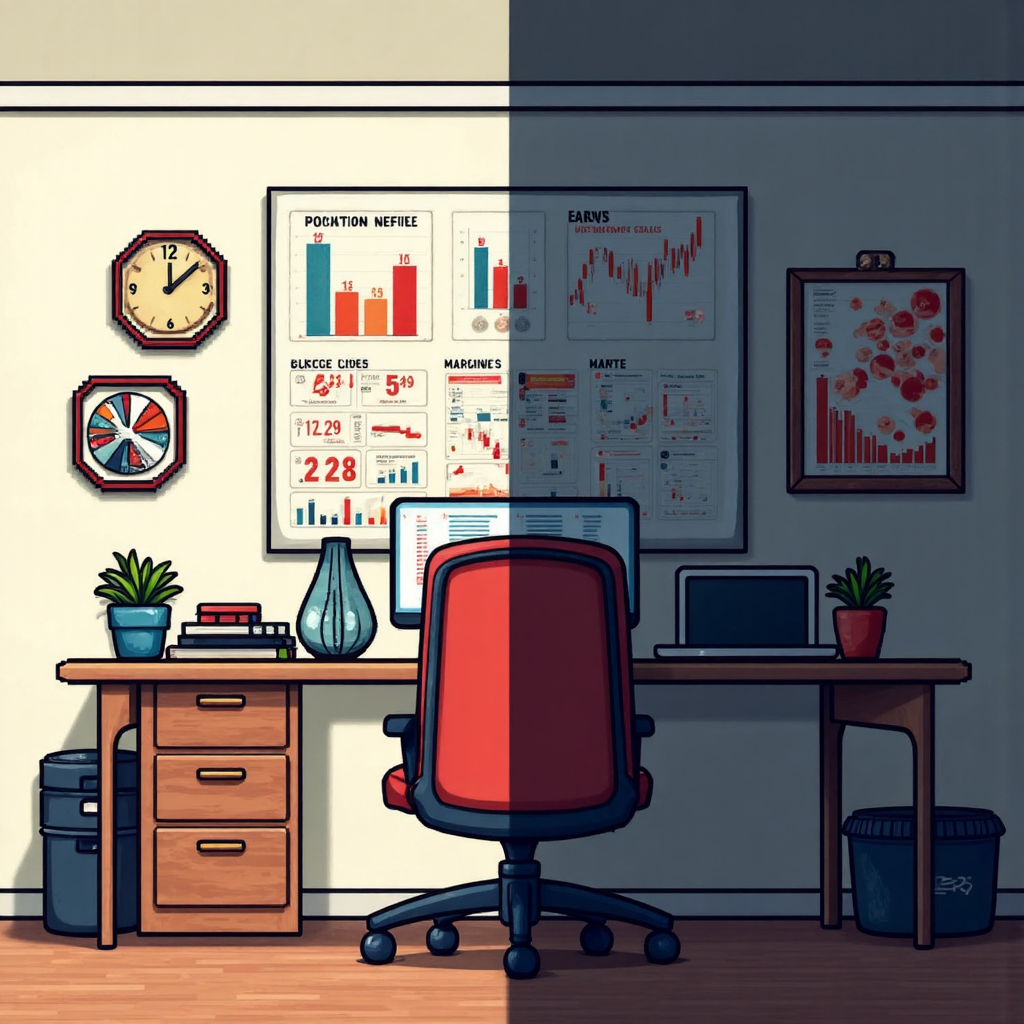 一邊是明亮有序的辦公桌顯示圖表與正向數字,另一邊是混亂陰暗的桌面伴隨著下跌圖形與擔憂表情,象徵保證金追繳