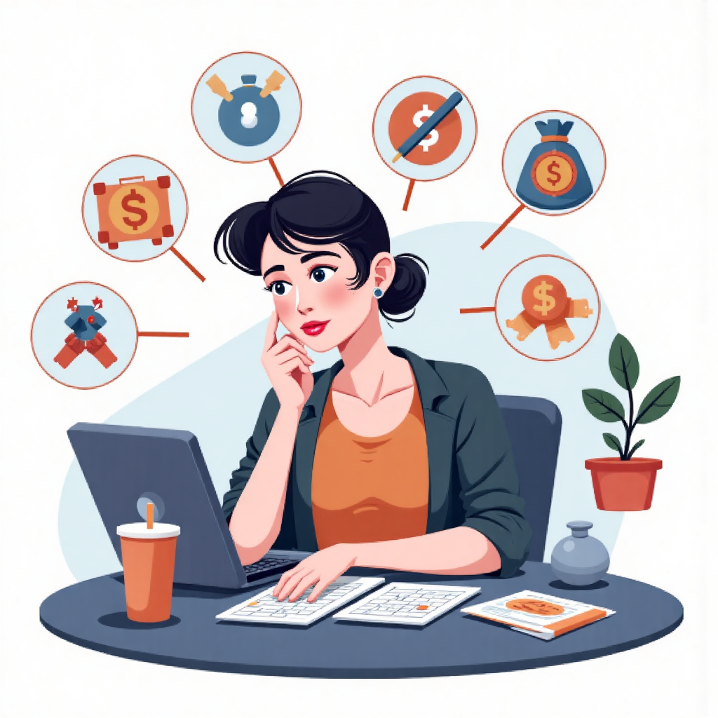 A modern and clean illustration of a person thoughtfully planning their finances on a tablet surrounded by icons representing savings investments and income diversification