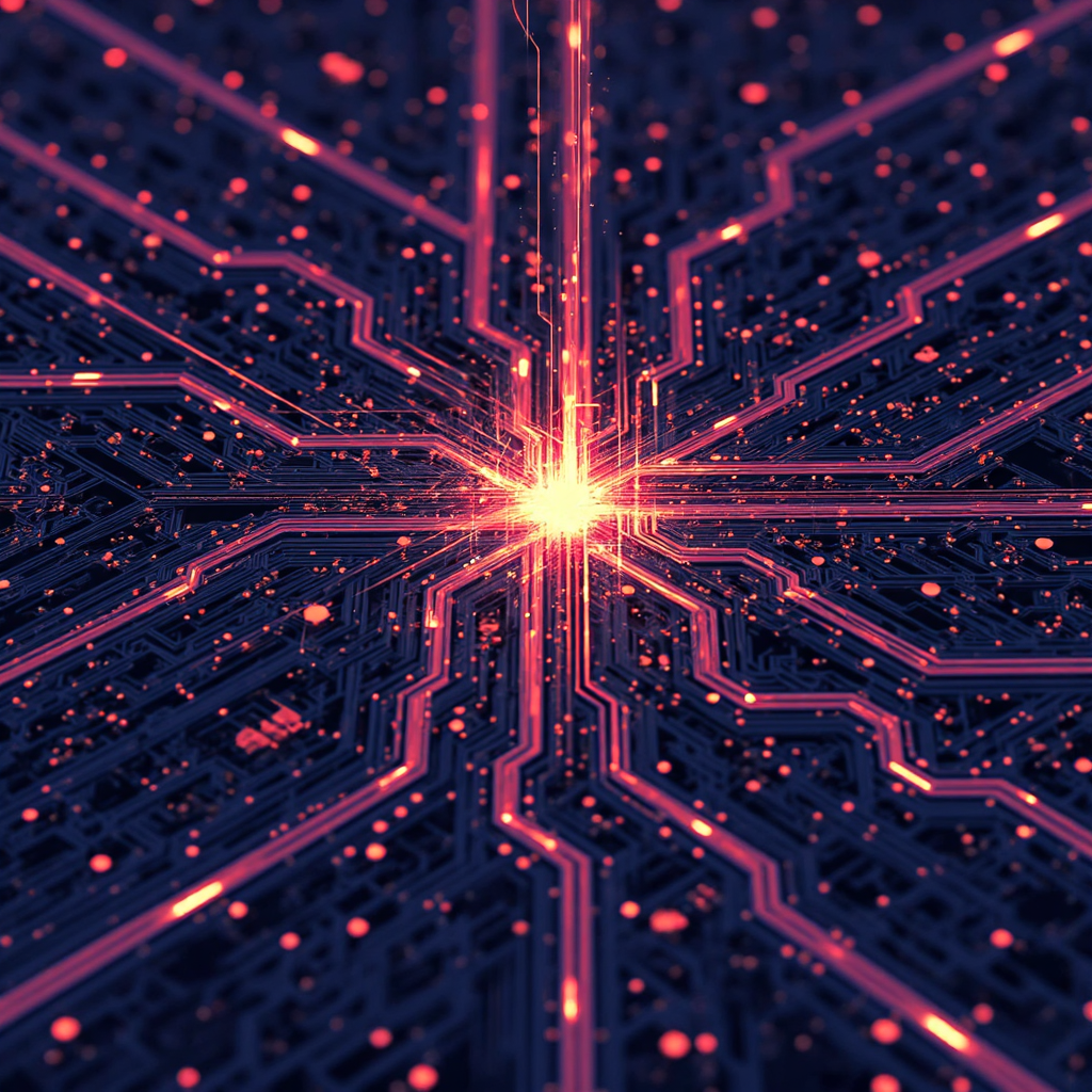 ภาพประกอบสไตล์พิกเซลอาร์ตของแผงวงจรที่สว่างไสว แสดงถึงการเชื่อมต่อของเทคโนโลยีในวงการเซมิคอนดักเตอร์และซอฟต์แวร์โครงสร้างพื้นฐาน