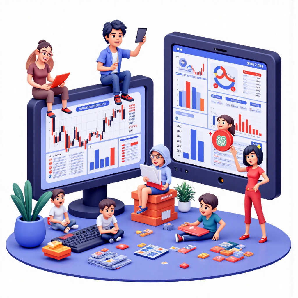 whimsical illustration of financial charts and trading tools on a digital platform with small friendly characters interacting with data points friendly and inviting atmosphere