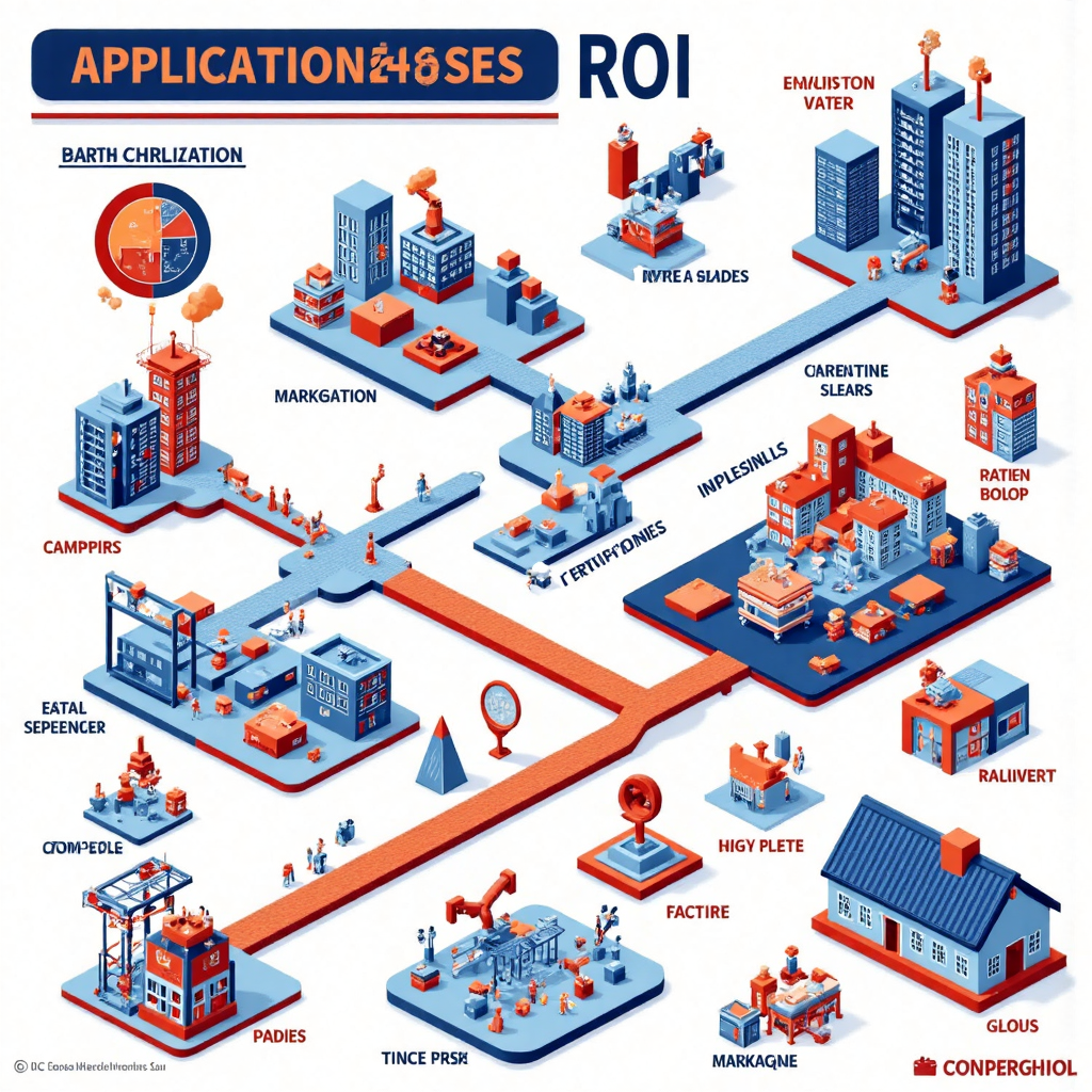 ROI 應用情境的動態資訊圖像素藝術插圖，包含行銷圖表、設備圖示和房地產元素