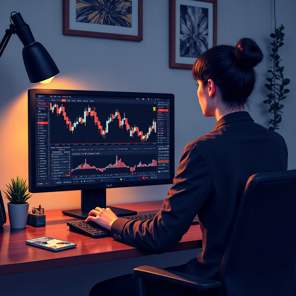 illustration of a trader carefully placing orders on a laptop screen with an ATR indicator visible on the trading platform, conveying a sense of strategic decision making and risk management, a clean modern art style with warm lamp light and subtle animated data visualizations