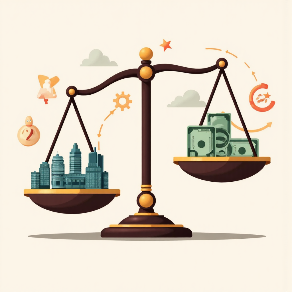 An illustration showing a balanced scale with the US dollar on one side and the Japanese yen on the other surrounded by abstract representations of economic indicators like interest rates and inflation in a clean modern art style