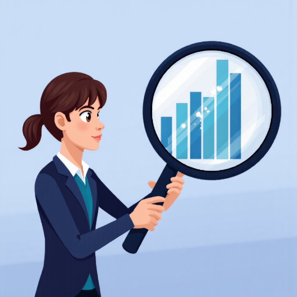 財務分析師使用放大鏡檢查營業利益率柱狀圖的像素藝術插圖