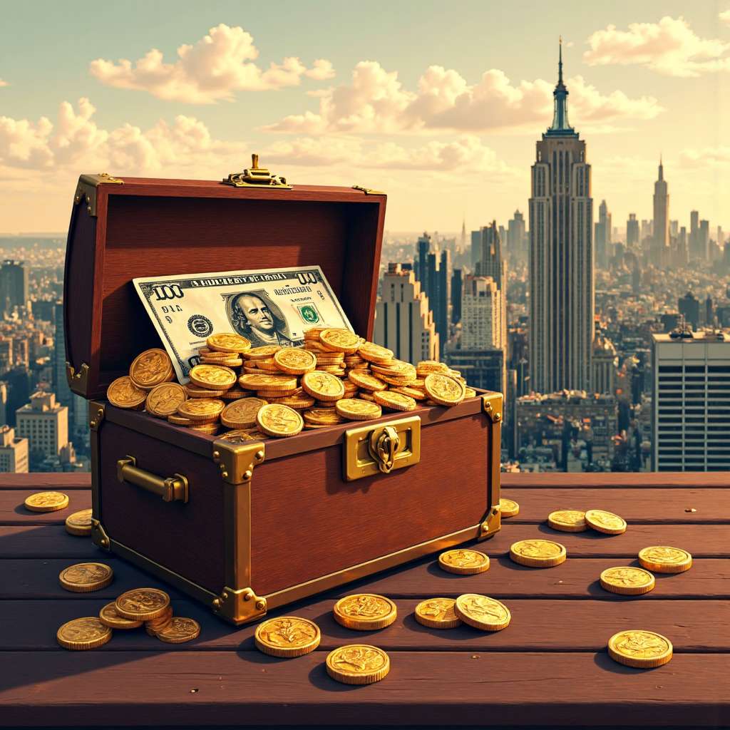 像素藝術風格的寶箱充滿金幣和美國國債證書,背景為紐約天際線,傳達安全與豐裕感