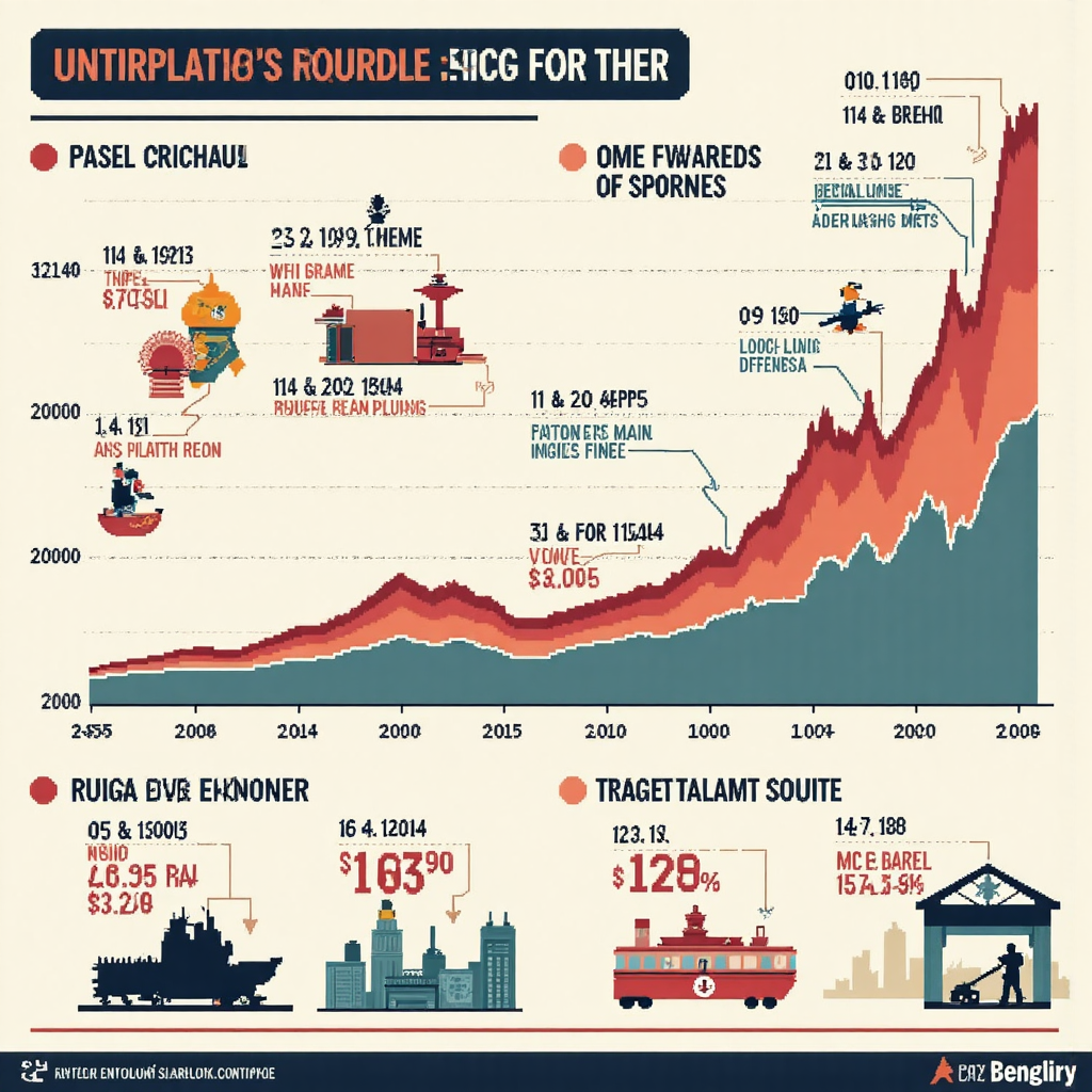 全球經濟指標互聯像素藝術資訊圖，美國經濟圖表略帶下行偏向，背景融入輕柔地緣政治緊張意象