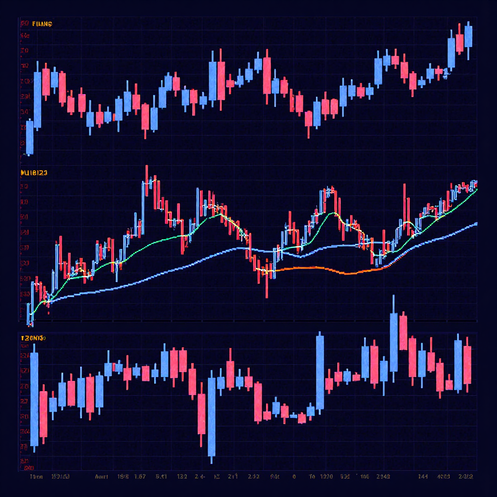 ภาพประกอบกราฟ Forex ประเภทต่างๆ เช่น กราฟแท่งเทียนและกราฟแท่งที่สร้างรูปแบบซับซ้อนด้วยเส้นเรืองแสงบนพื้นหลังมืด สะท้อนถึงพลวัตของตลาด