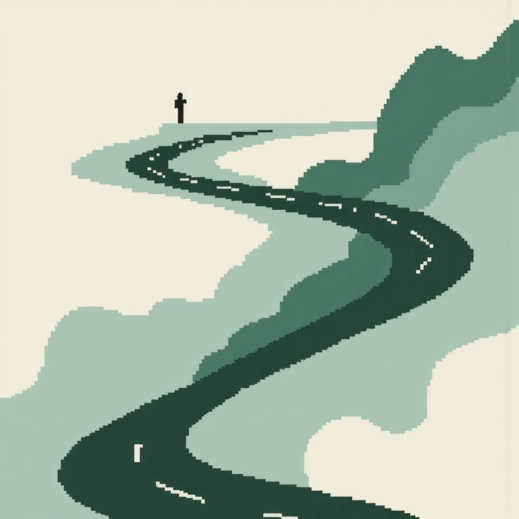 價格與指標兩條對比路徑的抽象像素藝術插圖,灰綠色調強調分離點