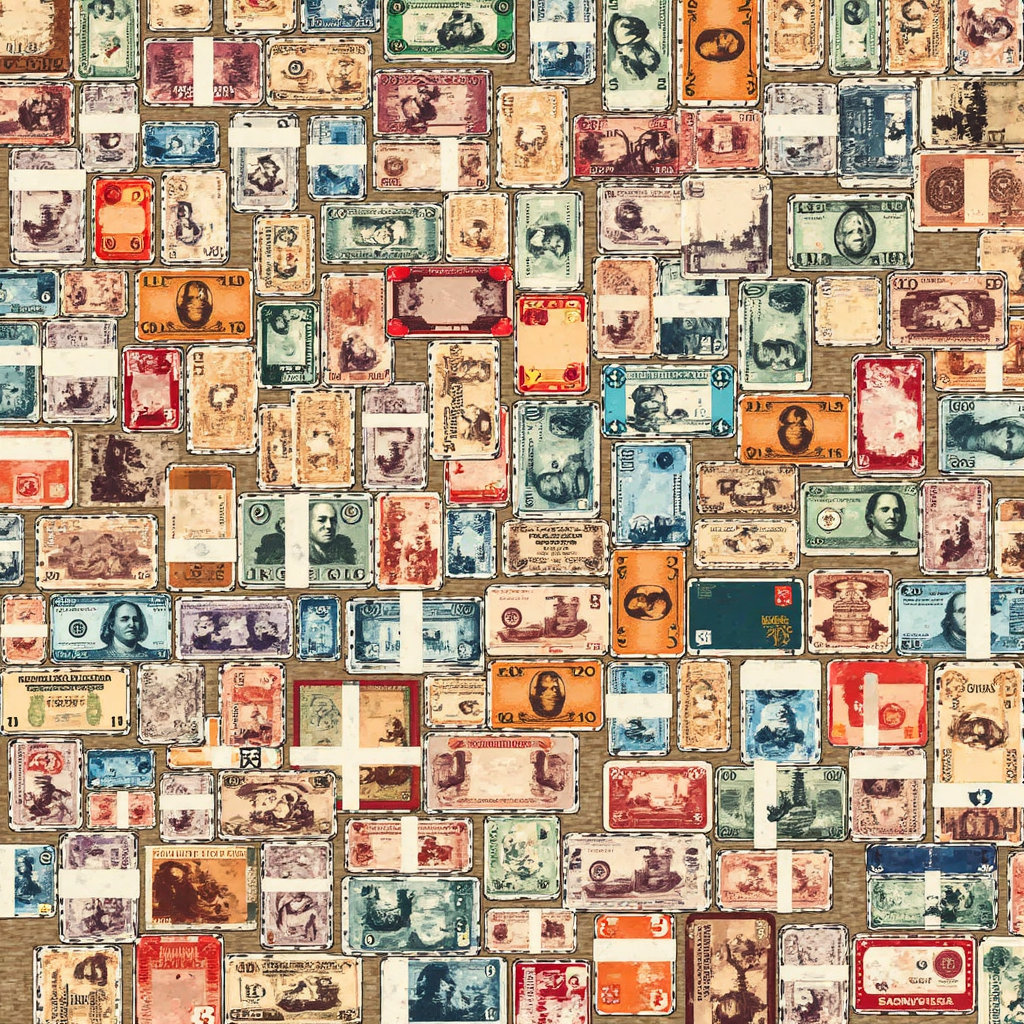 多種貨幣鈔票從上方俯視的像素藝術插圖，排列成動態圖案，象徵國際金融規劃