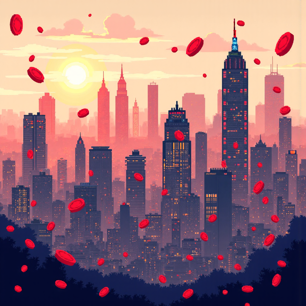 香港天際線與紅籌股象徵上升的像素藝術插圖,展現金融成長機會