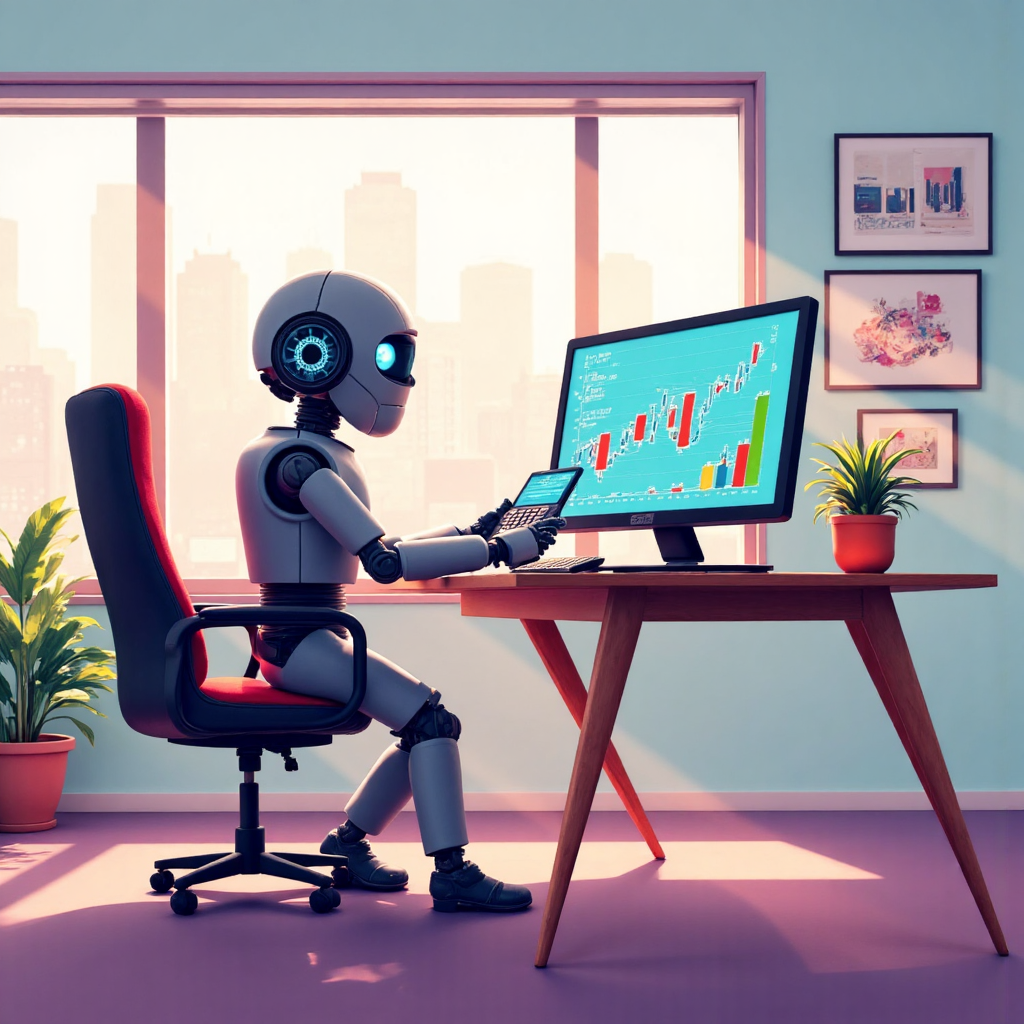 機器人使用計算機分析股票圖表的像素藝術插圖