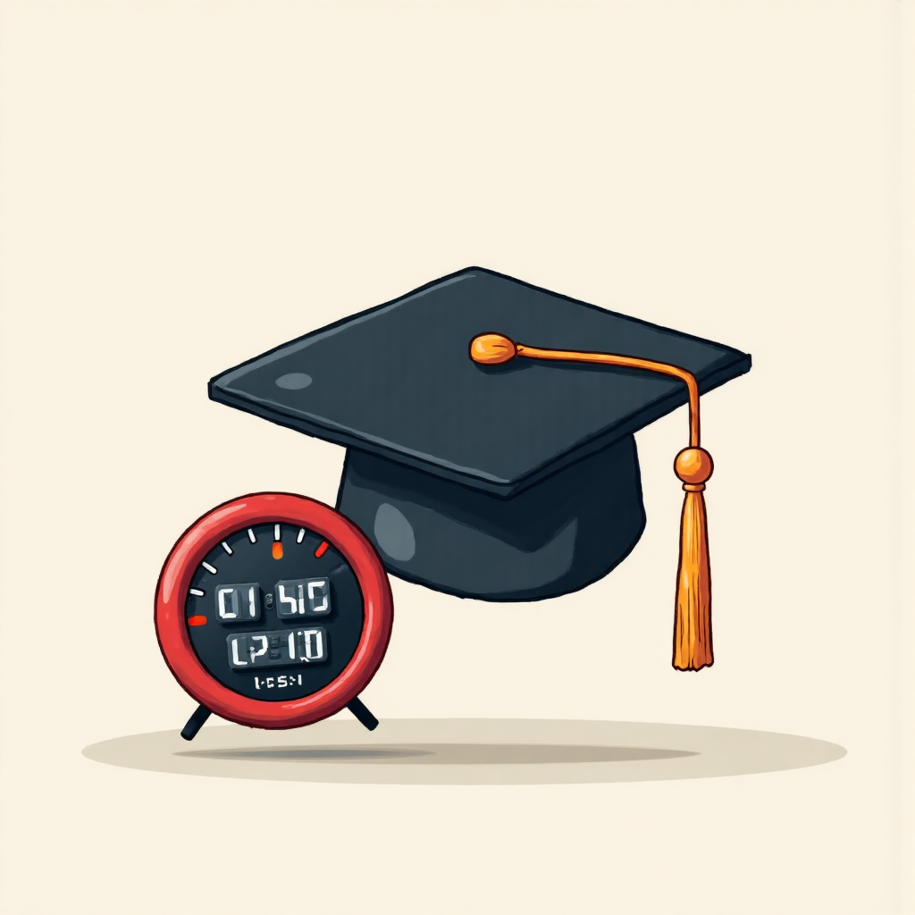 ภาพวาดแบนราบแบบวาดมือแสดงหมวกจบการศึกษาและมิเตอร์ความเร็วดิจิทัลที่สื่อถึงความรู้และความก้าวหน้าทางเทคโนโลยี