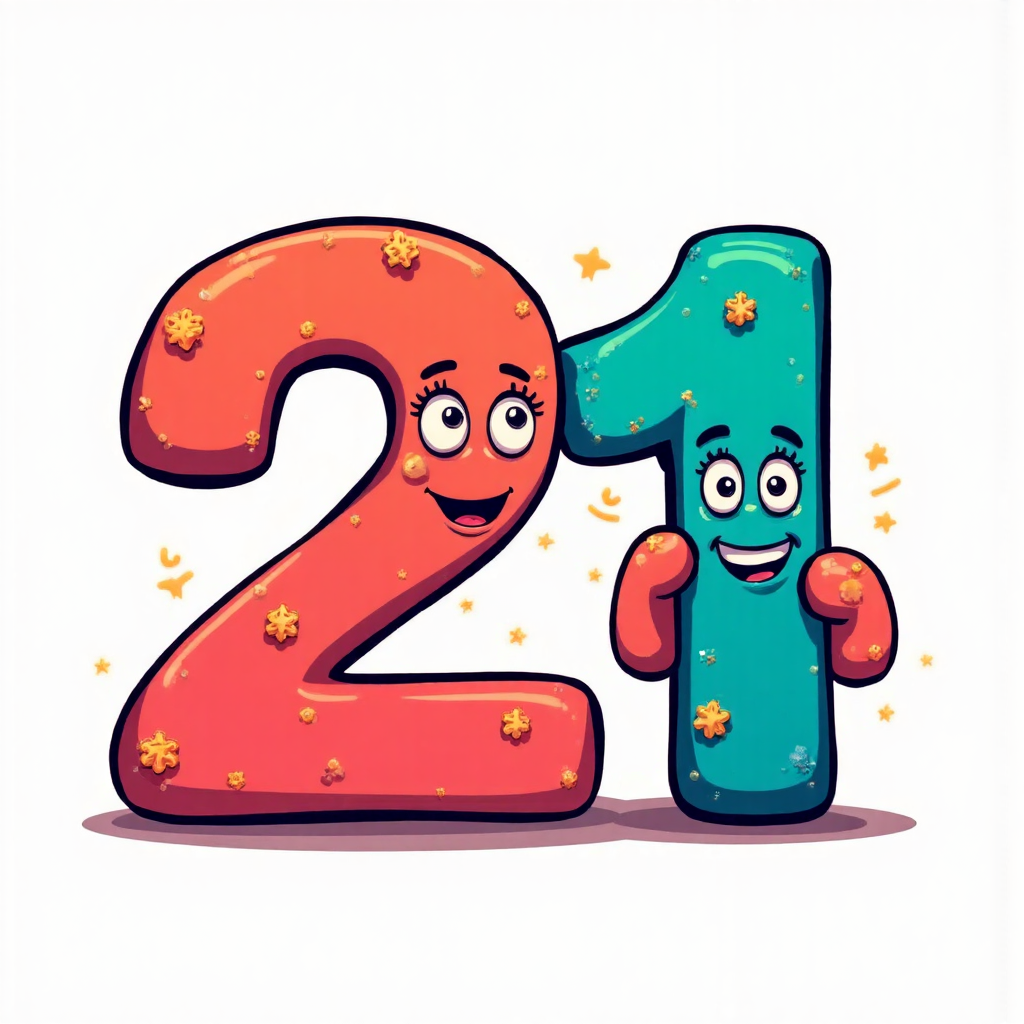 stylized drawing of numbers 12 and 21 interacting in a playful way representing the concept of two digits returning colorful and energetic cartoon illustration