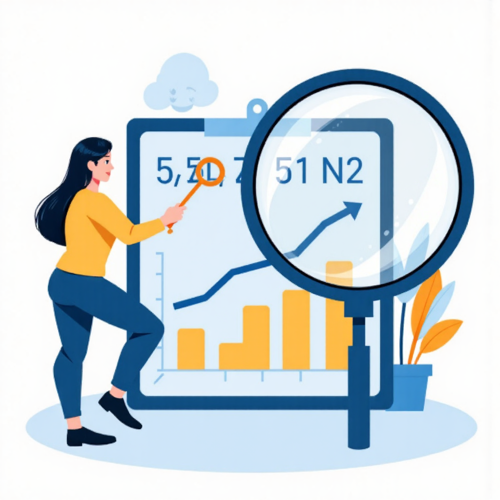 放大鏡檢視股票圖表與本益比數字的像素藝術插圖,呈現專業且友善的藍黃色調