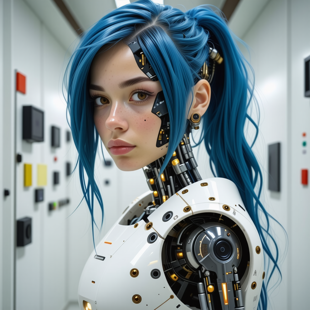 A cyborg woman, half human, half robot, she has bl...