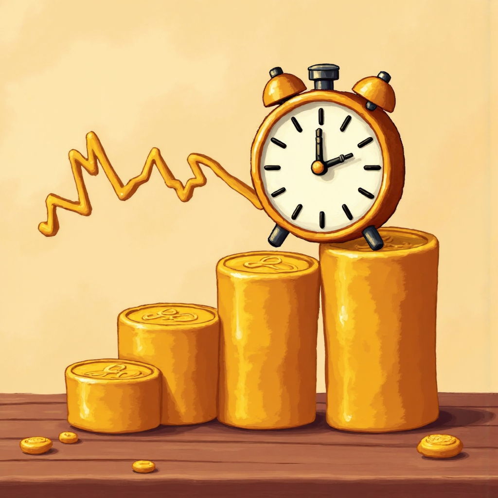 Illustration of a golden bar with a ticking clock superimposed symbolizing immediate trade and current market price in a warm and inviting art style