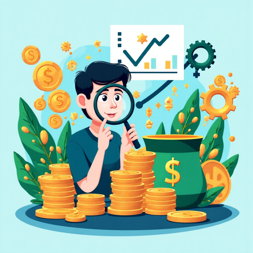 一位人士仔細檢視貨幣波動圖表，使用放大鏡觀察經濟符號如貨幣與齒輪，象徵全球經濟中智慧資產管理