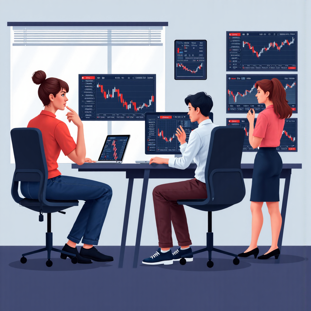 一群人研究股市資料財務圖表的像素藝術插圖,展示 MA20 在交易中的應用