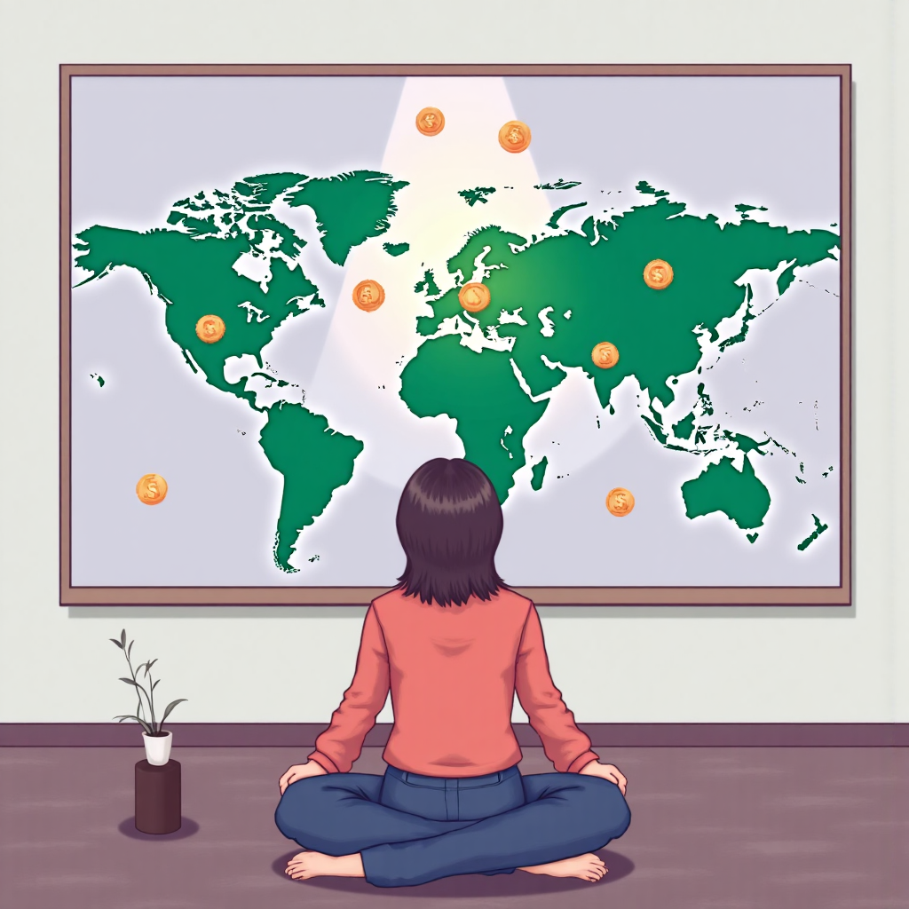 好奇的人注視世界地圖,紐西蘭以亮光突出,周圍環繞 NZD 和 TWD 等貨幣符號的現代像素藝術插圖,採用柔和色調