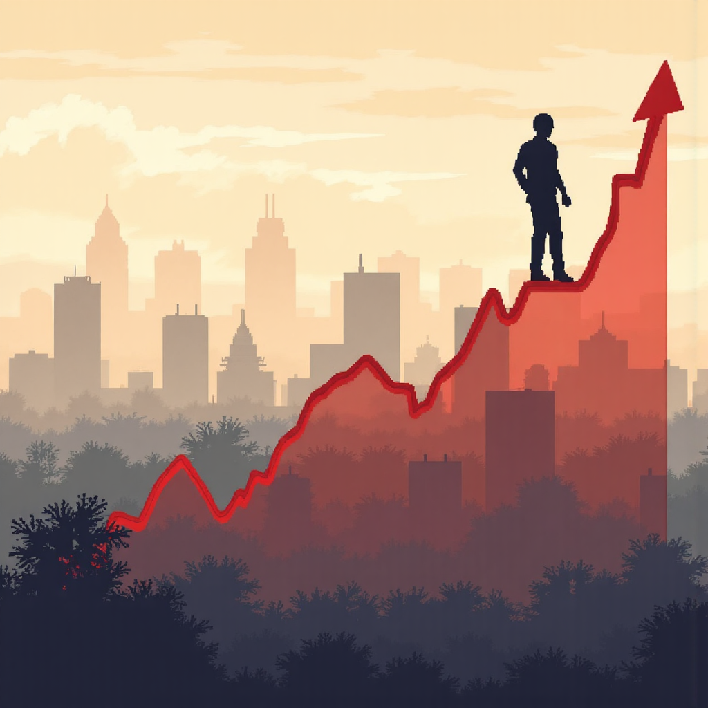 illustration of a rising interest rate graph superimposed on a blurred image of thailand skyline emphasizing economic uncertainty and financial pressure warm muted color palette
