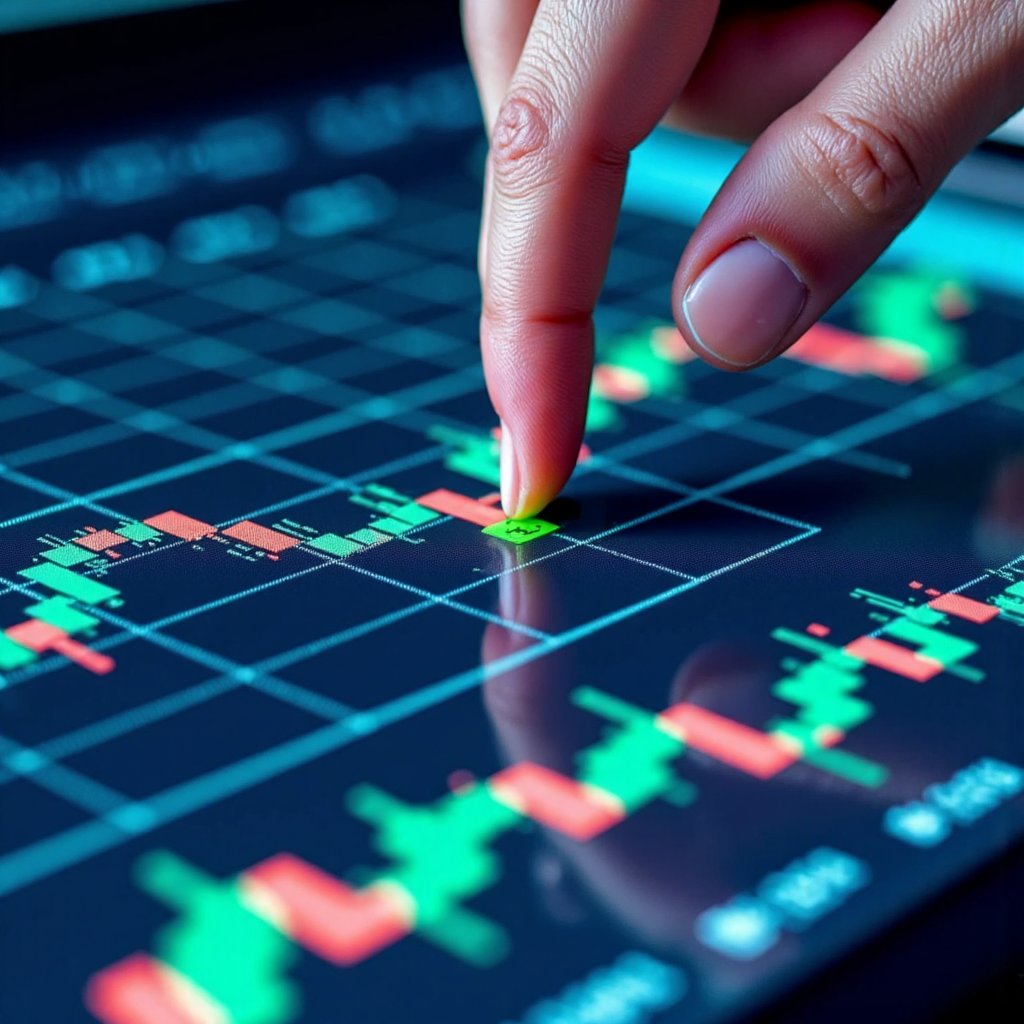 มือกำลังวางตัวชี้ Stop Loss เล็กๆ บนกราฟการซื้อขาย Forex ที่เน้นการบริหารความเสี่ยงและการควบคุมที่แม่นยำในสภาพแวดล้อมการเทรดที่สะอาดและทันสมัยด้วยโทนสีน้ำเงินและเขียว