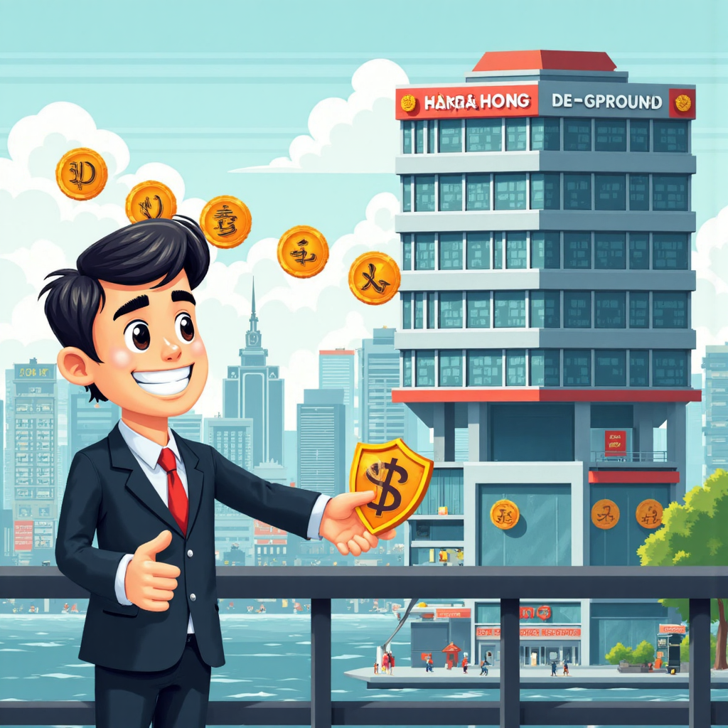 防護盾擋開詐騙符號,保護快樂投資者靠近香港交易所建築,明亮安全的像素藝術風格