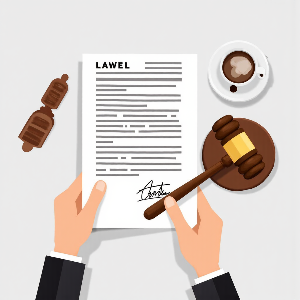 ภาพวาดสไตล์ไอคอนเอกสารกฎหมายที่ถูกเซ็นกับค้อนตุลาการข้างๆ สื่อถึงการดำเนินการกำกับดูแล สีโทนมู้ด พุ่งเน้นเส้นคมชัด