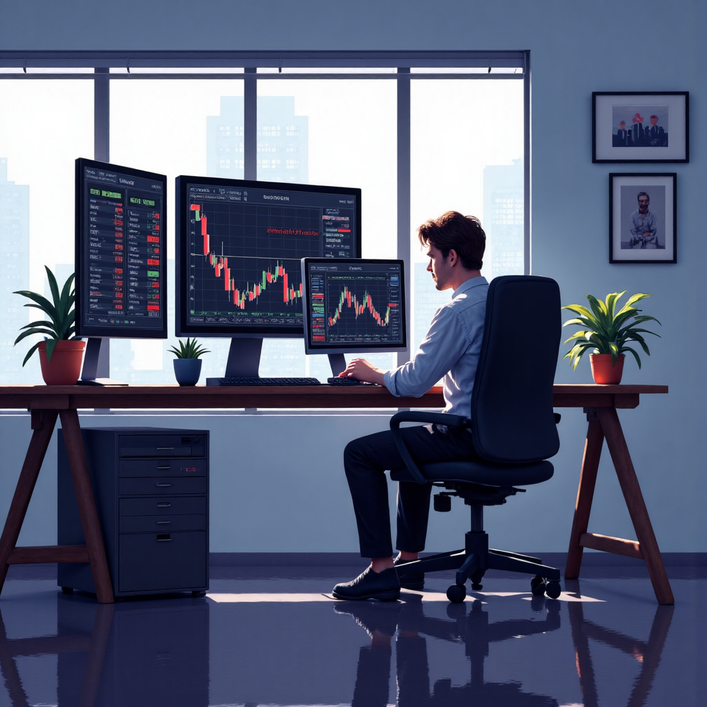 ภาพประกอบของเทรดเดอร์ผู้เชี่ยวชาญที่กำลังวิเคราะห์กราฟบนหน้าจอหลายตัวในสำนักงานสมัยใหม่สว่างไสว ข้อมูลตลาดหุ้นไหลเวียนอย่างมีชีวิตชีวา แสงนุ่มนวลส่องสว่างฉาก