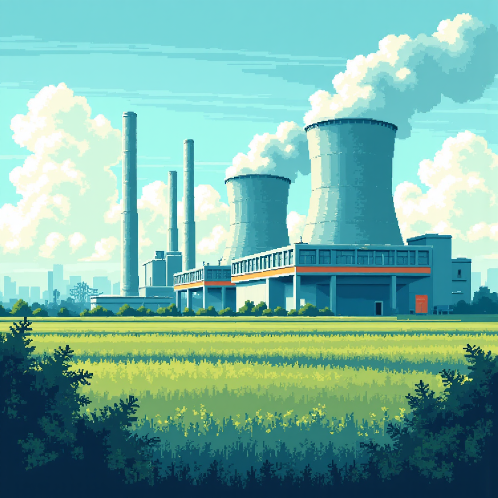 illustration of a futuristic nuclear power plant with small modular reactors emitting clean energy a bright and hopeful atmosphere with subtle blue and green tones