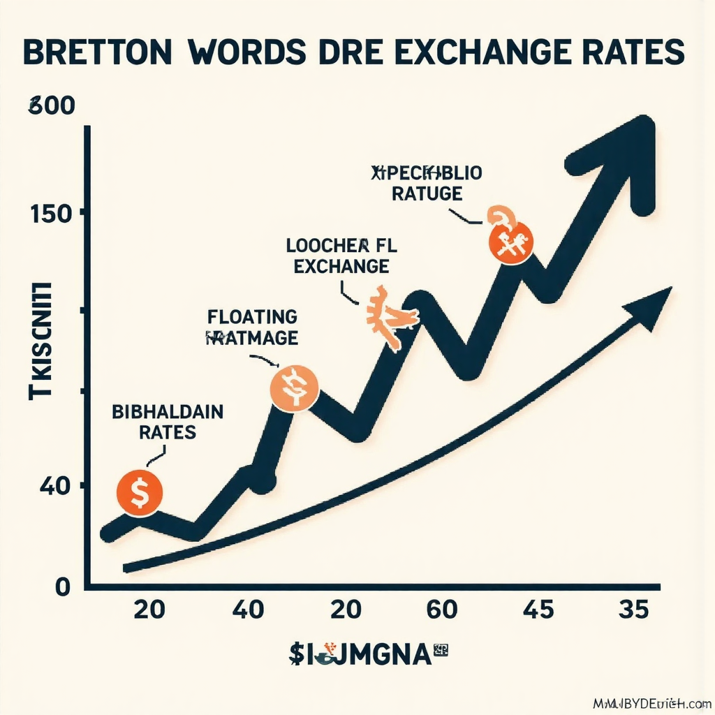 ภาพสมัยใหม่เปรียบเทียบอัตราแลกเปลี่ยนคงที่จากเบรตตัน วูดส์กับอัตราแลกเปลี่ยนลอยตัวด้วยเส้นและสัญลักษณ์ไดนามิก แสดงวิวัฒนาการการเงินโลก สไตล์สะอาดและให้ข้อมูล