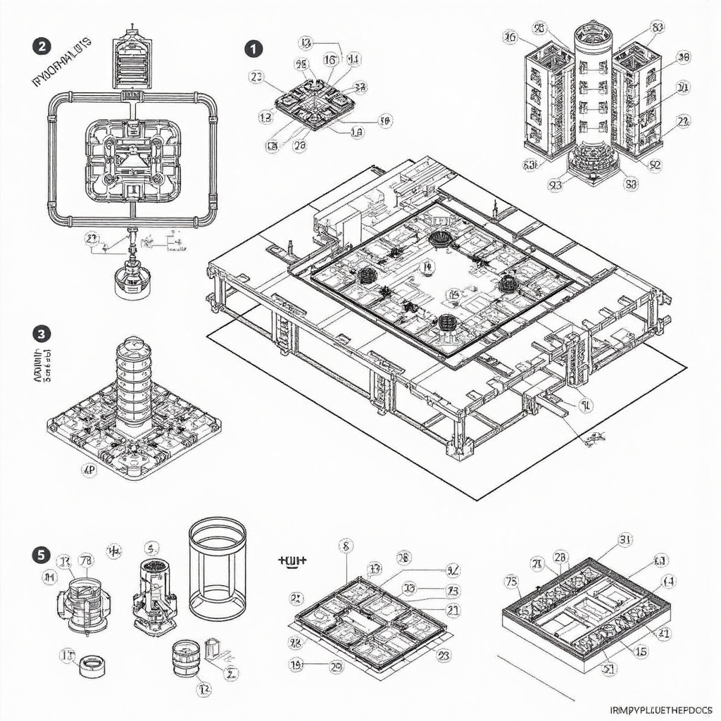 detailed illustration of a schematic diagram showcasing the components and assembly process of small modular reactors with precise lines and a professional clean aesthetic