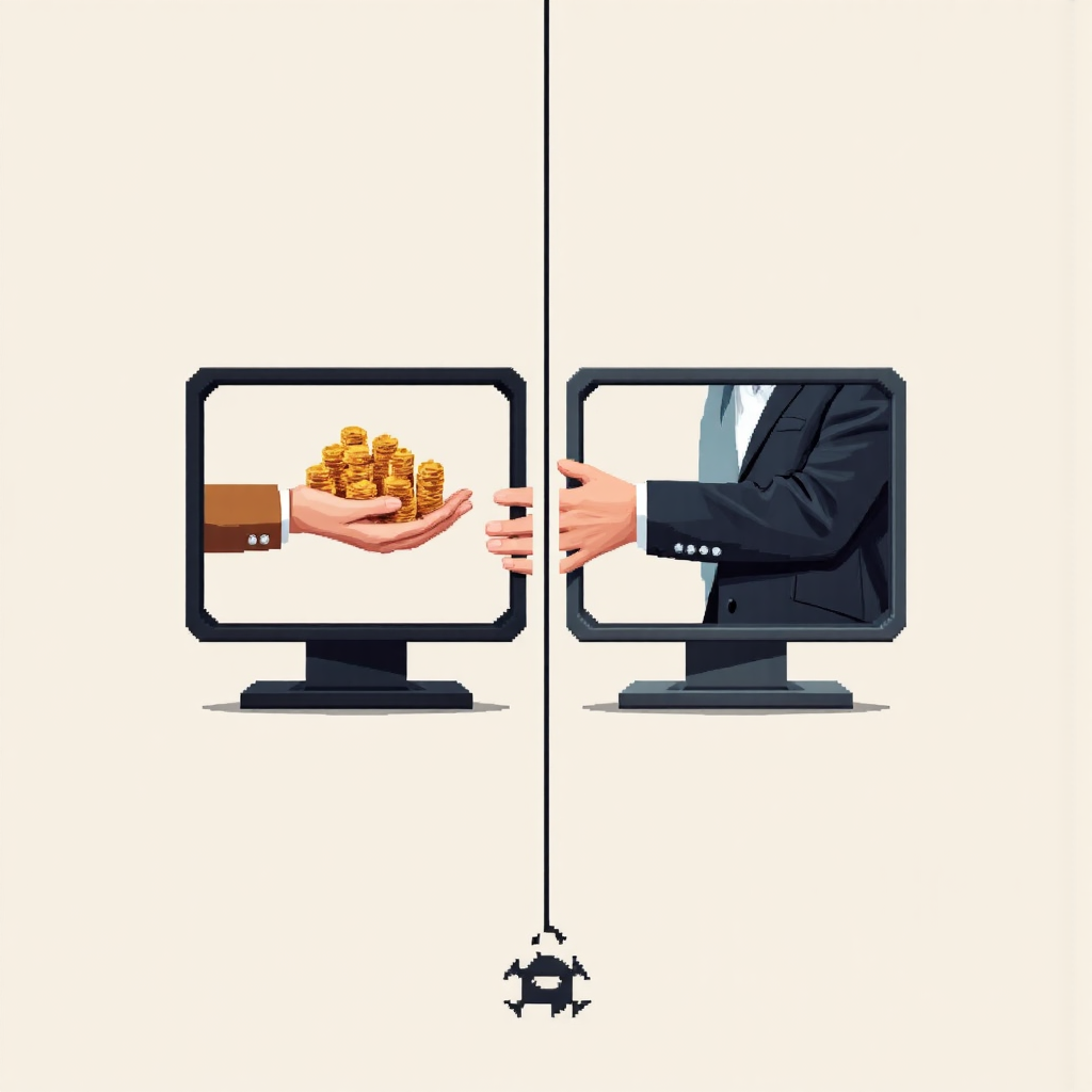 分割畫面的圖形插圖,一側顯示手交換實體商品,另一側顯示象徵合約的握手,中間有細微分隔線