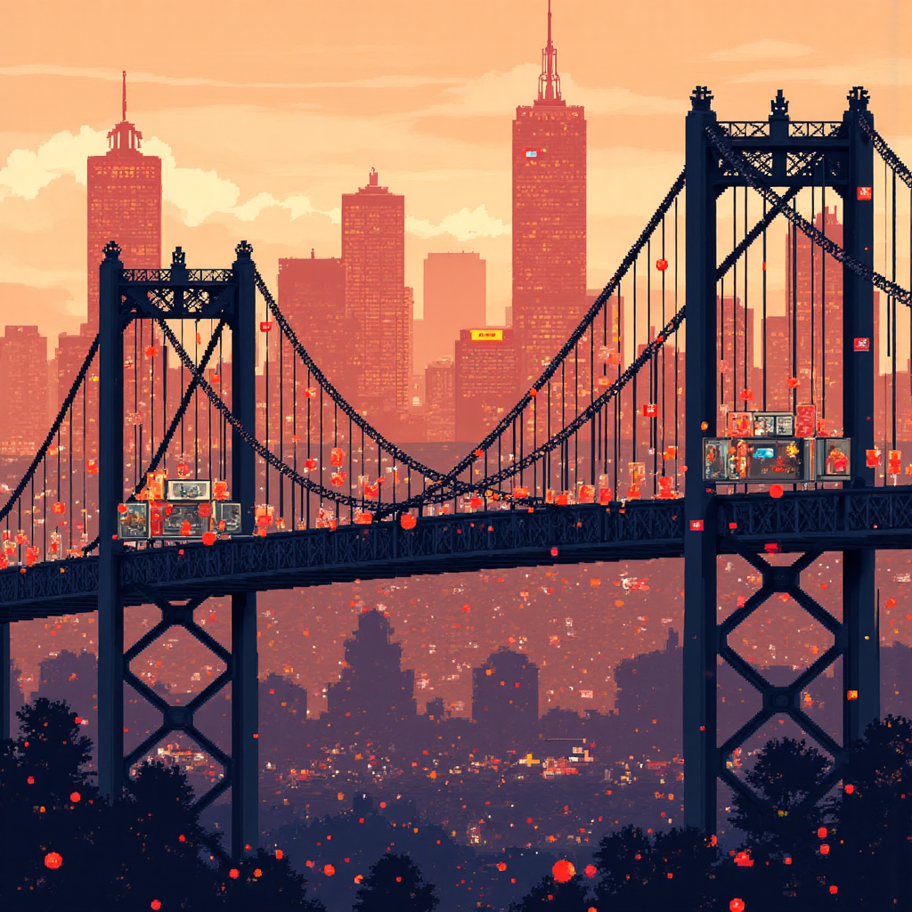 抽象的全球股市圖表插圖,融入美國國旗和台灣元素,溫暖色調的現代像素藝術風格