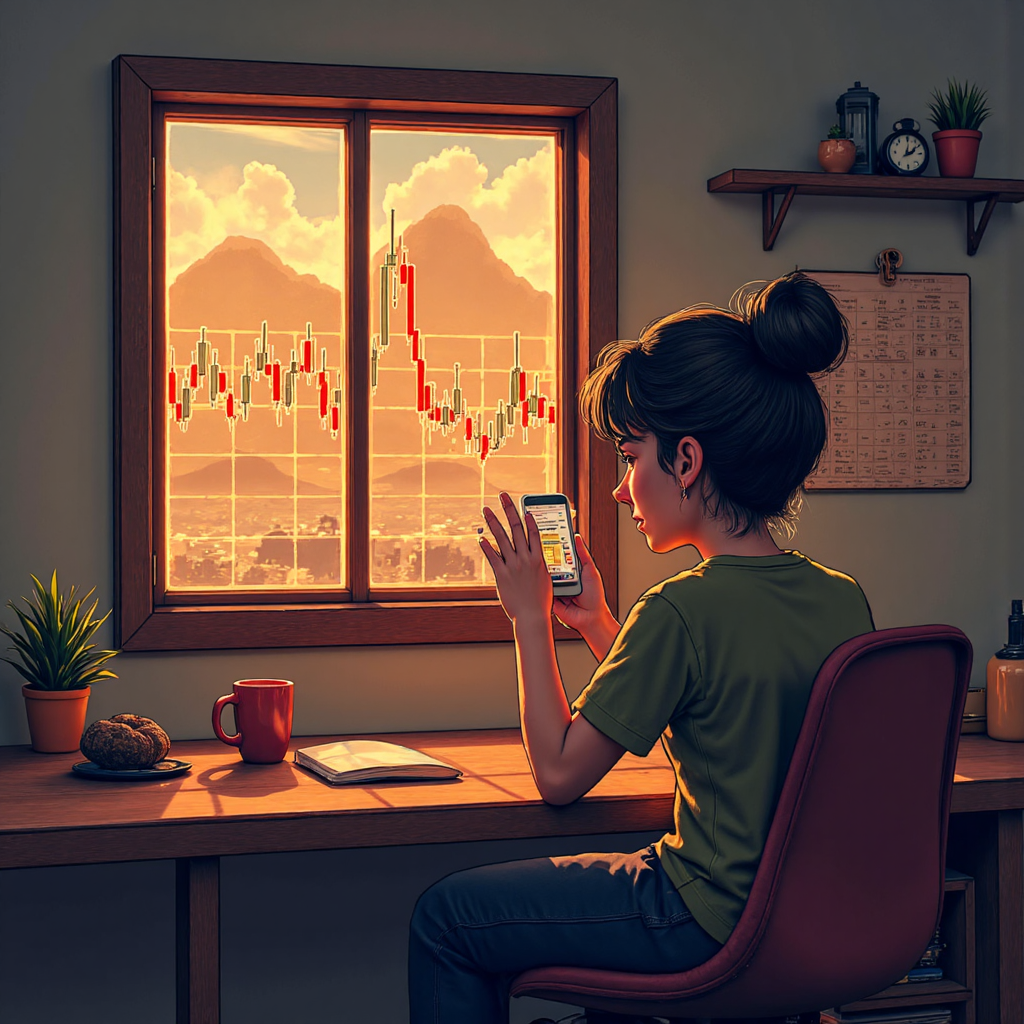 一位好奇的投資者注視著閃爍的股票圖表,周圍點綴著溫暖色調的預市交易圖標,像素藝術風格