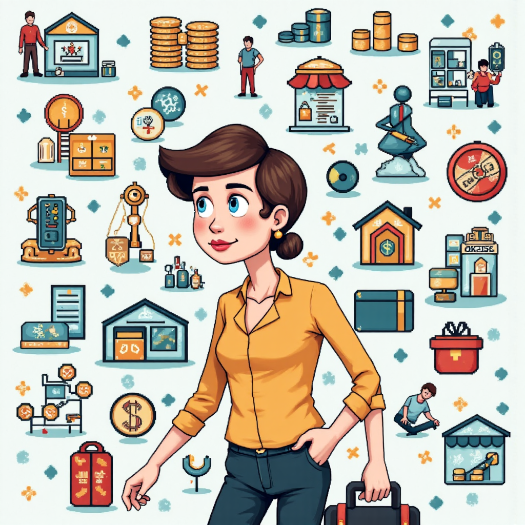 一位投資者從容穿越充滿金融符號與風險圖標的迷宮,表情堅定而寧靜,友好且親切的插畫風格