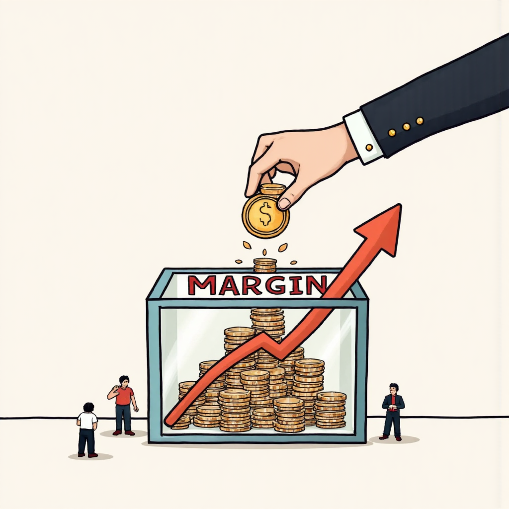 手將一疊硬幣存入標有 'Margin' 的透明盒子,伴隨著向上箭頭象徵槓桿,並有小心翼翼的人物在旁觀察