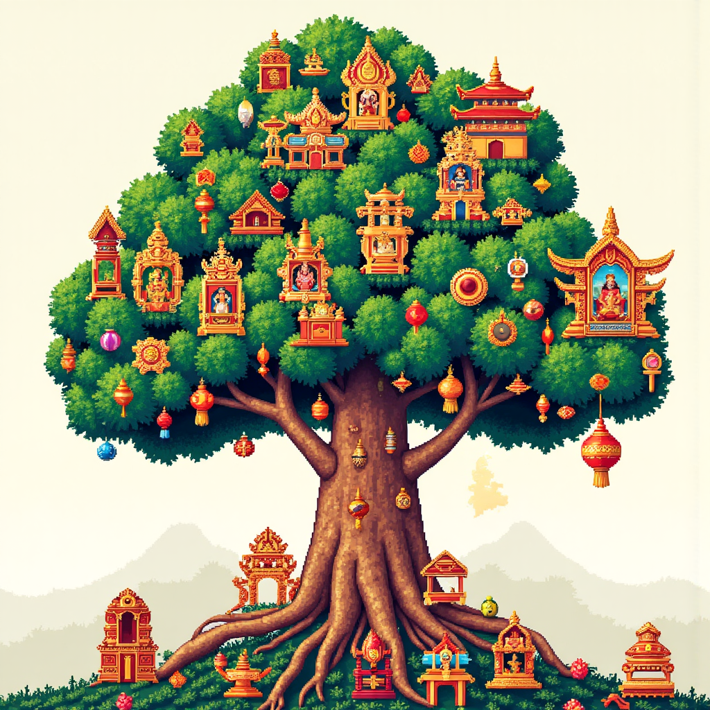 A vibrant illustration depicting diverse Thai cultural elements like traditional patterns and auspicious symbols surrounding a stylized money tree reaching towards the sky