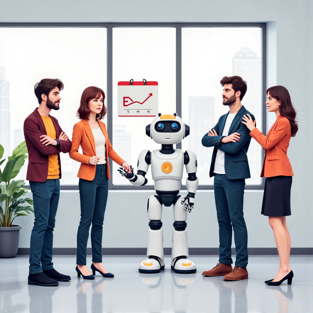 多元族群討論信用分數圖表,機器人引導的現代辦公室場景