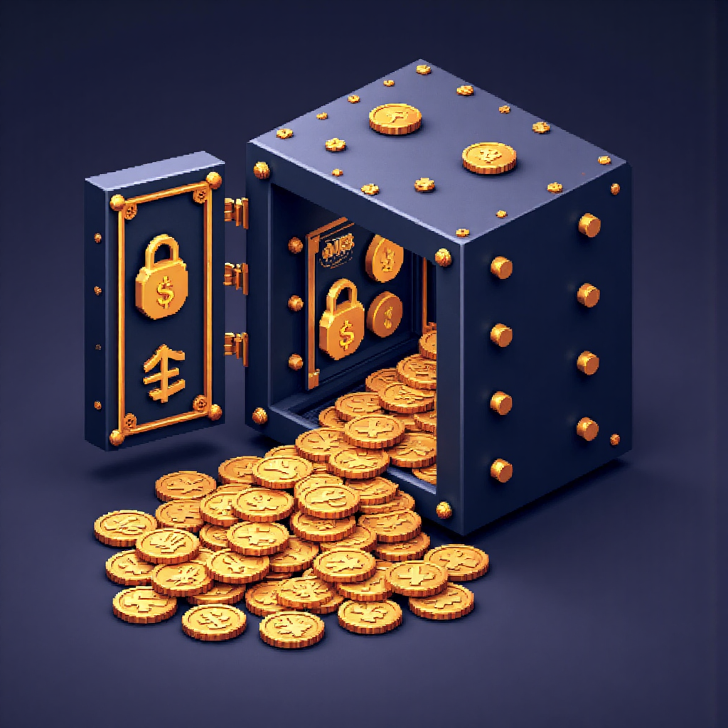 安全數位金庫溢出金幣並配以鎖頭圖標,象徵線上交易平台的信任與保障