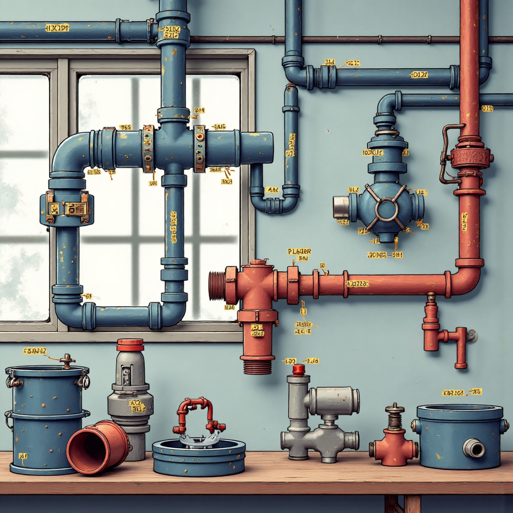 Illustration of various plumbing pipes and fittings with clear measurements labeled in Thai baht and inches symbolizing the 'hoon' unit in a workshop setting soft studio lighting clean design