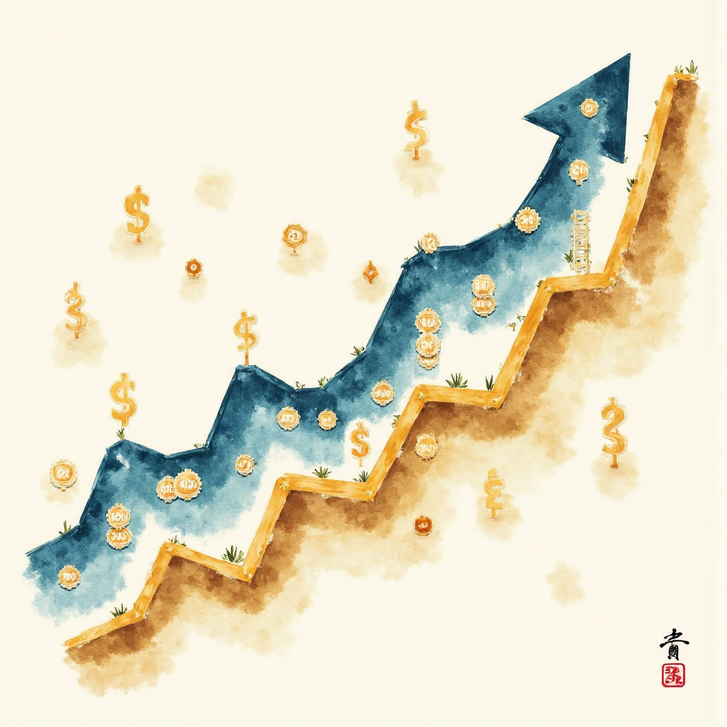 20年美元兌台幣匯率走勢圖,呈現曲折起伏的經濟趨勢,融入台灣貨幣元素與柔和水彩風格