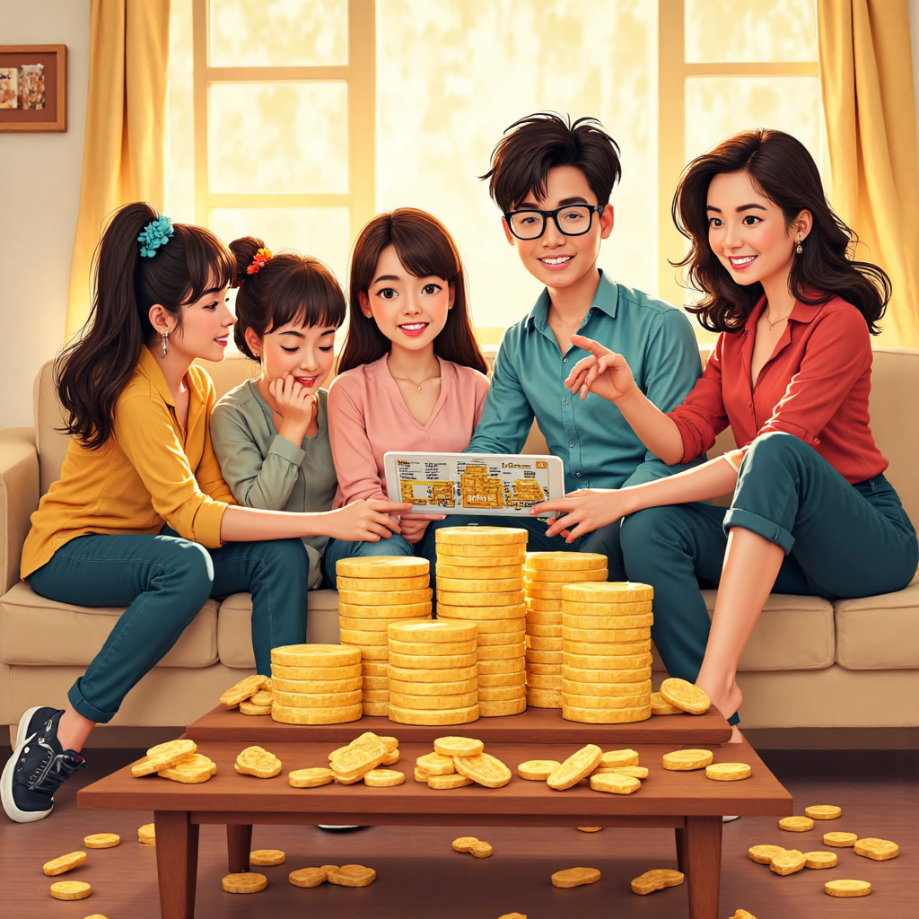 ภาพประกอบสนุกสนานของกลุ่มนักลงทุนไทยหลากหลายร่วมมือกันรอบแท็บเล็ตแสดงข้อมูลดัชนี XAU Index แบบเรียลไทม์ บรรยากาศอบอุ่นน่าเชิญชวน โทนสีสดใสมองโลกในแง่ดี ล้อมรอบด้วยก้อนทองคำและเงินละเอียด