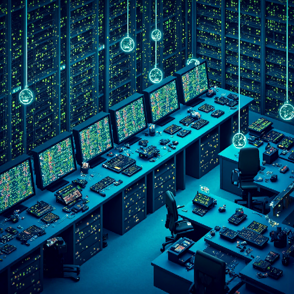 digital illustration of a busy trading floor represented by a dynamic electronic communication network seamlessly blending with traditional financial symbols with a futuristic blue and green color palette