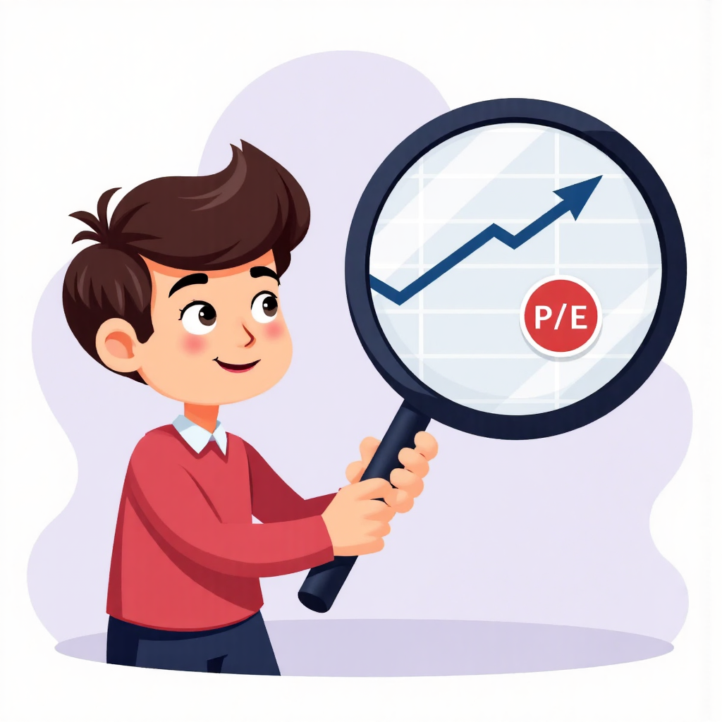 好奇的新手投資者用放大鏡檢視股票圖表，聚焦本益比指標，採用友善柔和色調的像素藝術風格