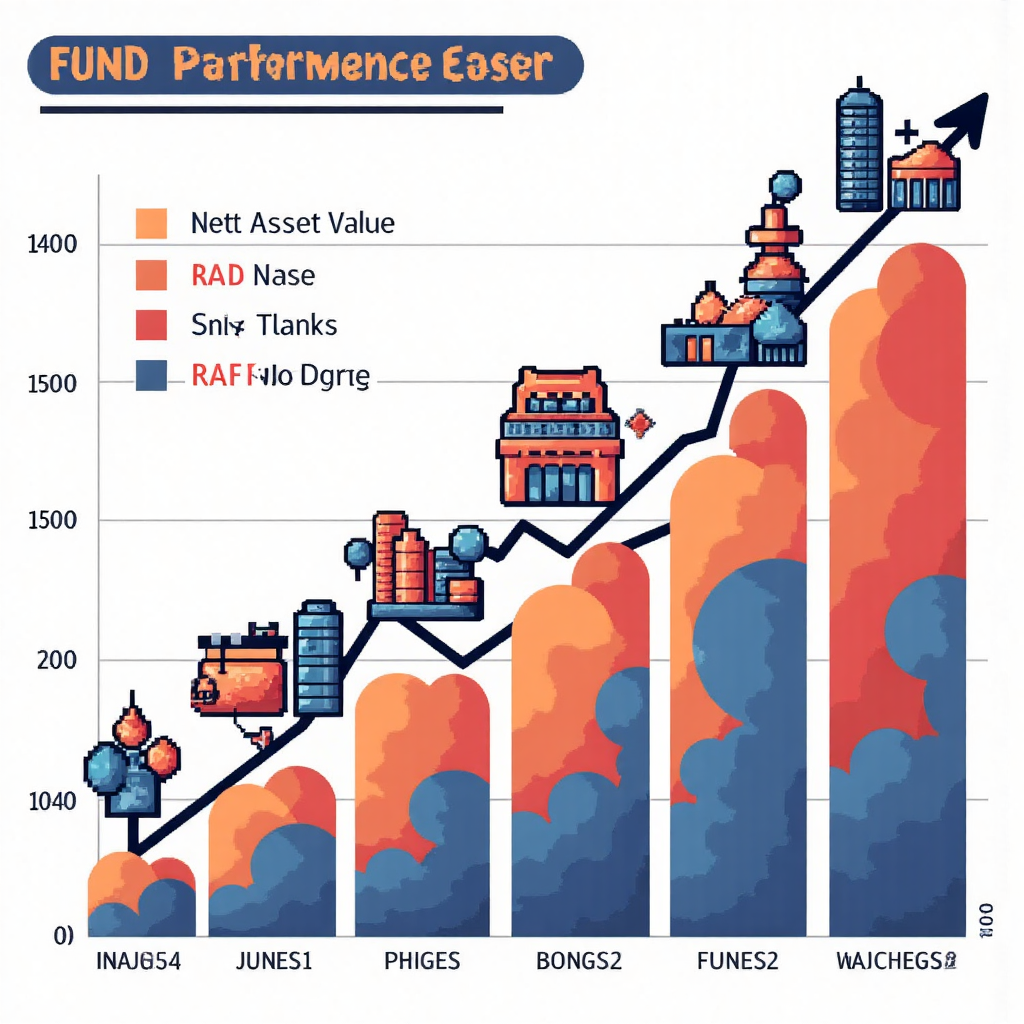 像素藝術風格的基金績效圖表，顯示淨資產價值NAV的每日波動線圖，包含股票、債券和房地產等投資圖示，在現代數位風格中起伏