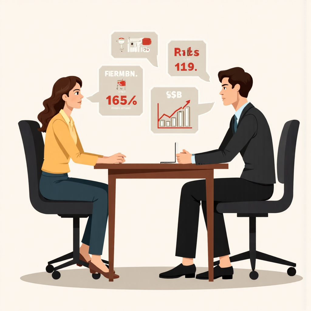 客戶與銀行家討論利率的像素藝術插圖，顯示透明圖表與專業氛圍