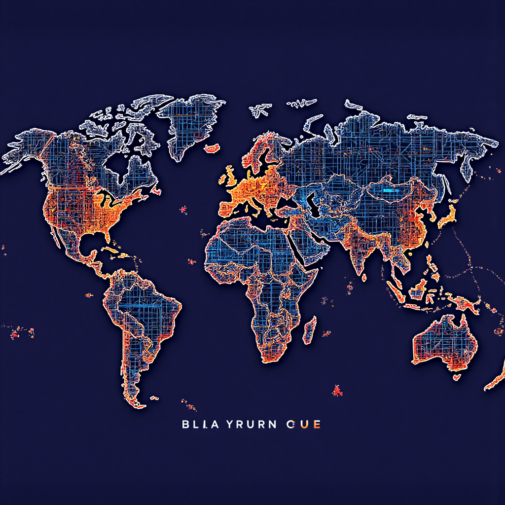 全球能源交易市場的抽象插圖,展示發電廠、石油鑽井平台和金融交易者之間的數據流連接