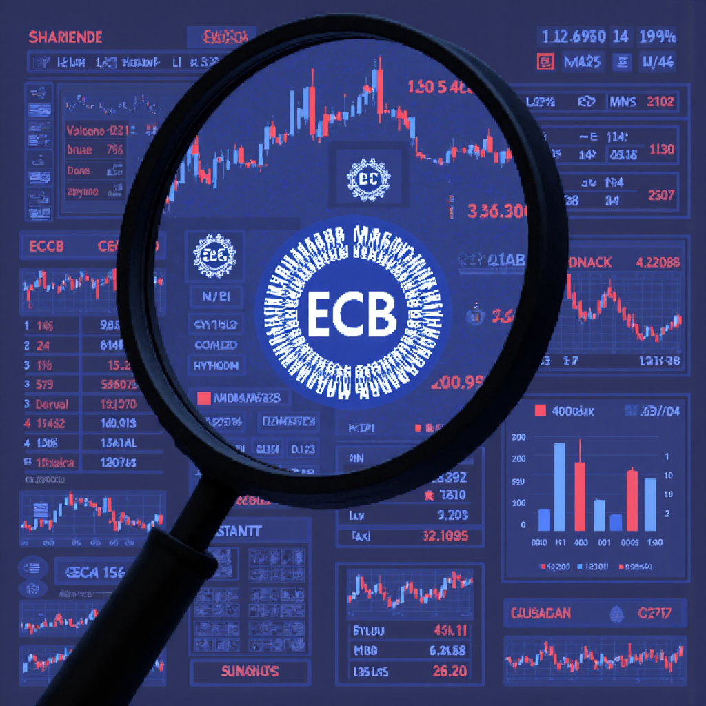 放大鏡檢查 ECB 標誌與台灣貨幣及股市圖表的像素藝術視覺隱喻