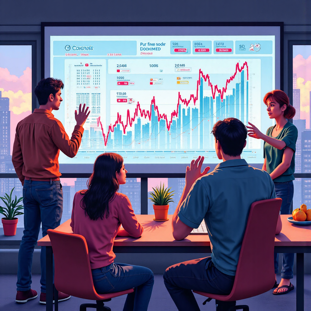 A diverse group of Thai investors looking at a dynamic digital economic calendar projection, vibrant colors, hopeful atmosphere, modern cityscape backdrop, stylized illustration